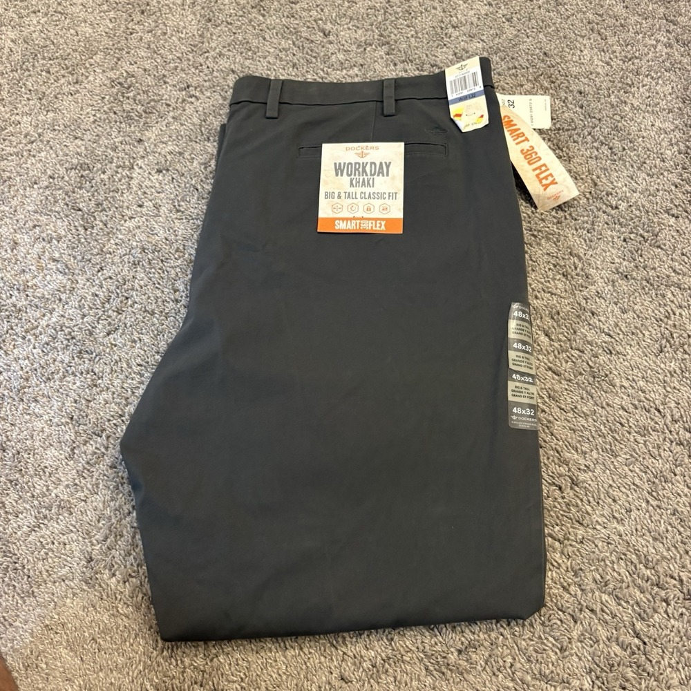 Dockers Mens Big and Tall Classic Fit Workday Khaki Pants in Gray Size 48x32 NWD